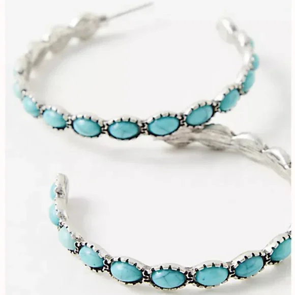 NEW ~ Free People Turquoise Stone "Buckaroo Hoops" Silver Earrings - Picture 2 of 16